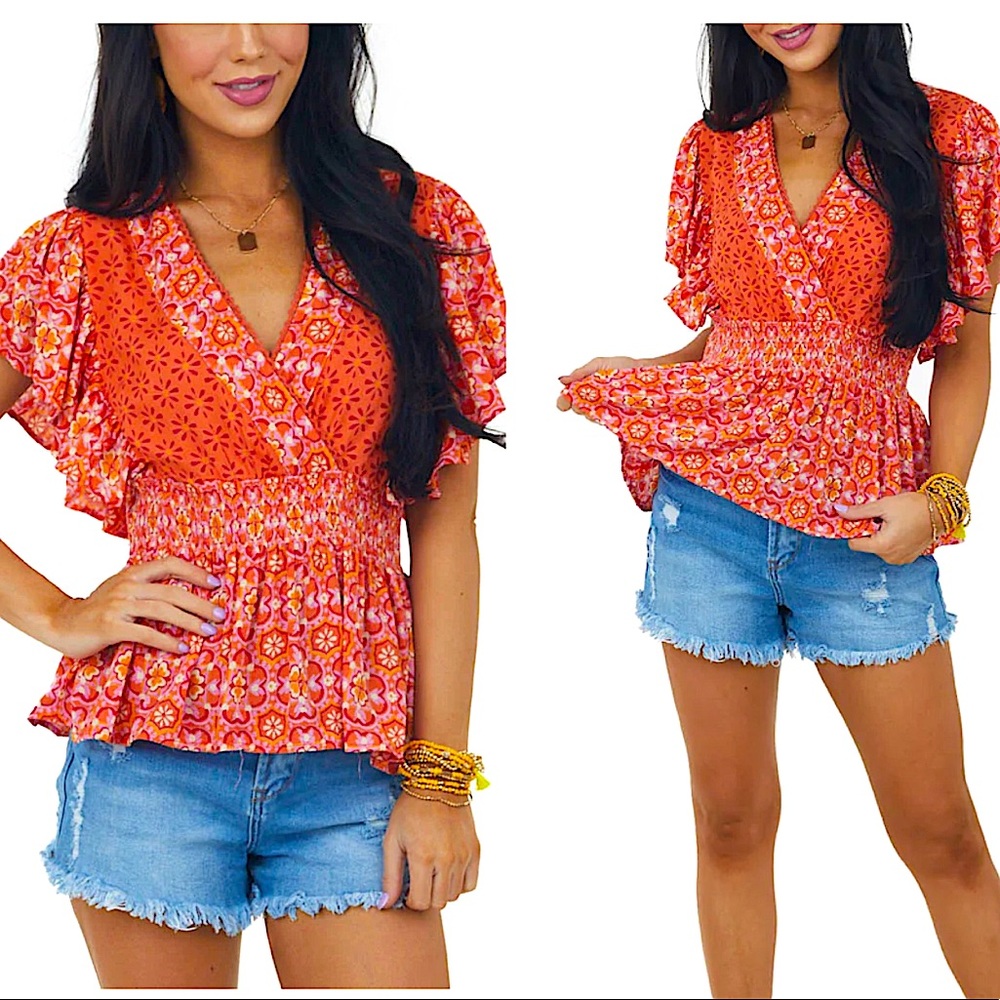 Pink OrangeFloral Smocked Flutter Sleeve Boho Peplum Top